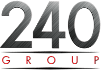 240 GROUP logo with metallic numbers above GROUP in red, inspired by Maria Mia Tex-Mex Cantina.