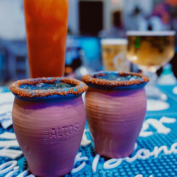 Two clay cups with salted rims at Maria Mia Tex-Mex Cantina Restaurant Bar, College Station.