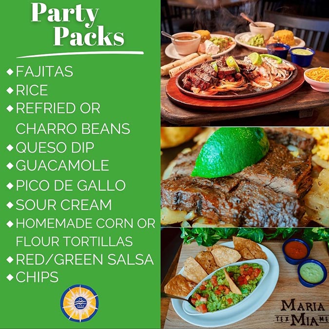 Maria Mia Tex-Mex Cantina Restaurant Bar’s party packs menu with images of classic Tex-Mex dishes.